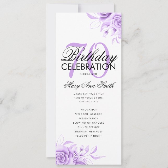 Convite Programa de Aniversário de 70 Floral - Roxo com Me (Frente)