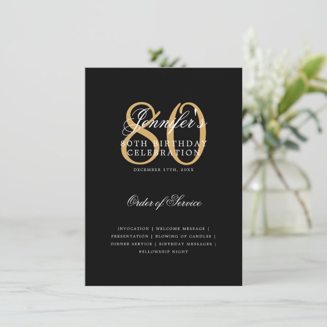 Convite Programa de Aniversário de 80 anos Elegante Dourad (Em pé/Frente)