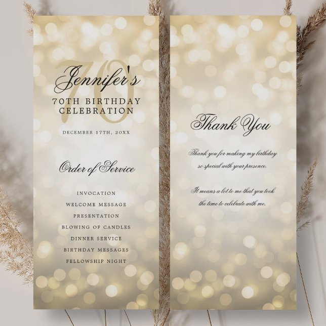 Convite Programa de Aniversário do 70 com Dourado Bokeh co (70th Birthday Program Gold Bokeh w/ Thank You)
