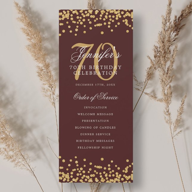 Convite Programa de Aniversário do 70 Dourado Burgundy Con (70th Birthday Program Gold Burgundy Confetti)