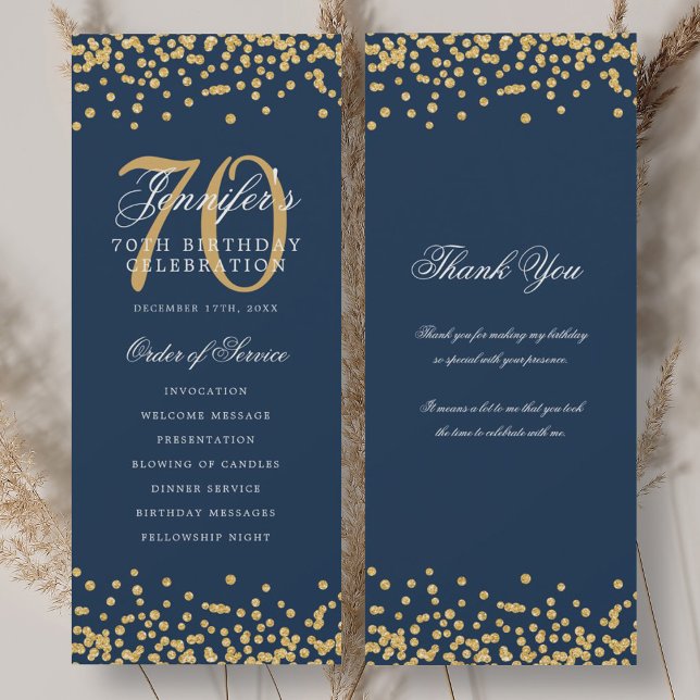 Convite Programa de Aniversário do 70 Obrigado Marinho Dou (70th Birthday Program Thank You Gold Navy )