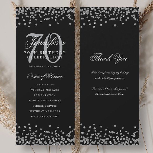 Convite Programa de Aniversário do 70 Obrigado Silver Blac (70th Birthday Program Thank You Silver Black )