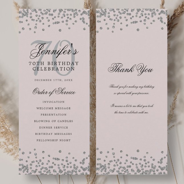 Convite Programa de Aniversário do 70 Obrigado Silver Blus (70th Birthday Program Thank You Silver Blush Pink )