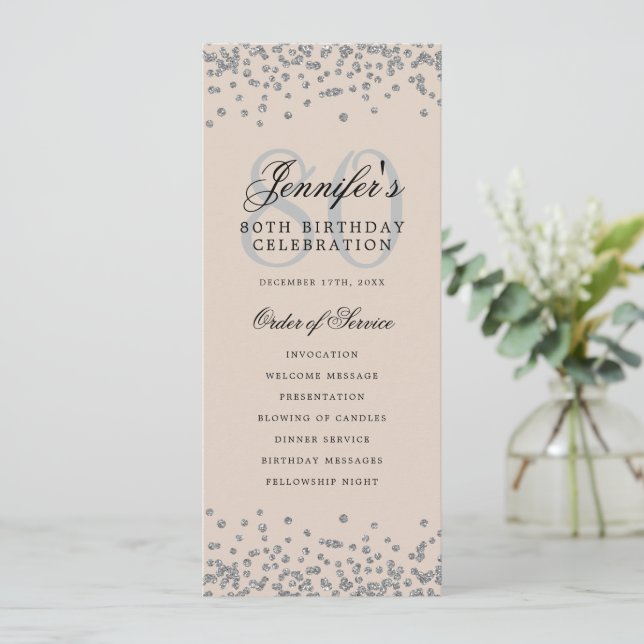 Convite Programa de Aniversário do 80 Silver Confetti Beig (Em pé/Frente)