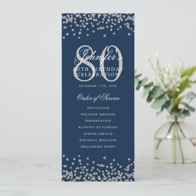 Convite Programa de Aniversário do Silver Confetti Menu Ma (Em pé/Frente)