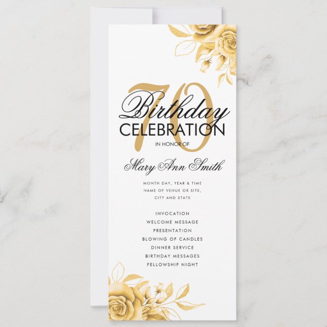 Convite Programa de Aniversário Floral 70 Dourado com Menu (Frente)