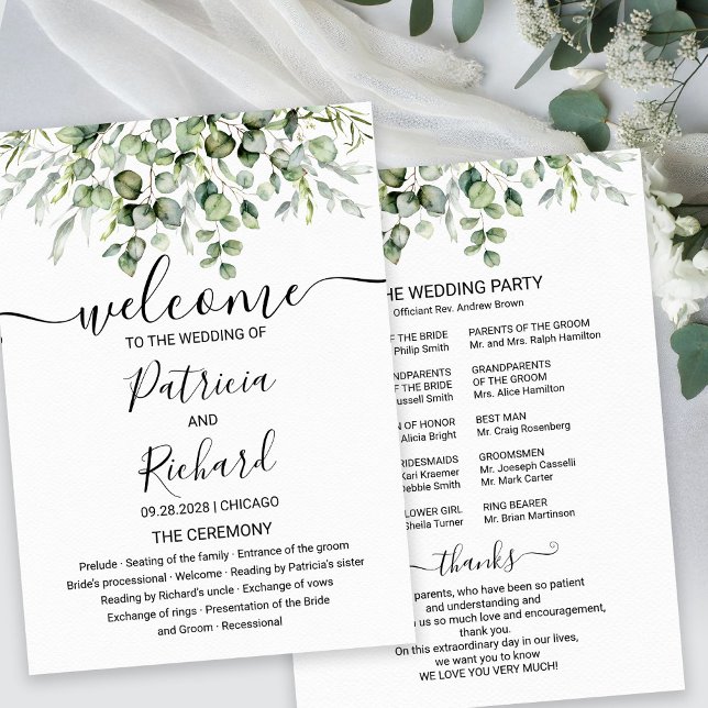 Convite Programa de Casamento Aquarela Eucalipto Verde (Criador carregado)