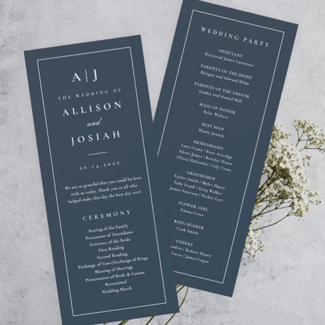 Convite Programa de Casamento Azul Marinho com Monograma E (Elegant and Classic Monogram Navy Blue Wedding Program.)