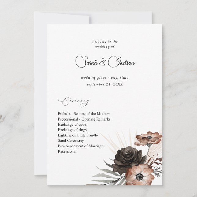 Convite Programa de Casamento Boho Floral Preto & Natural  (Frente)