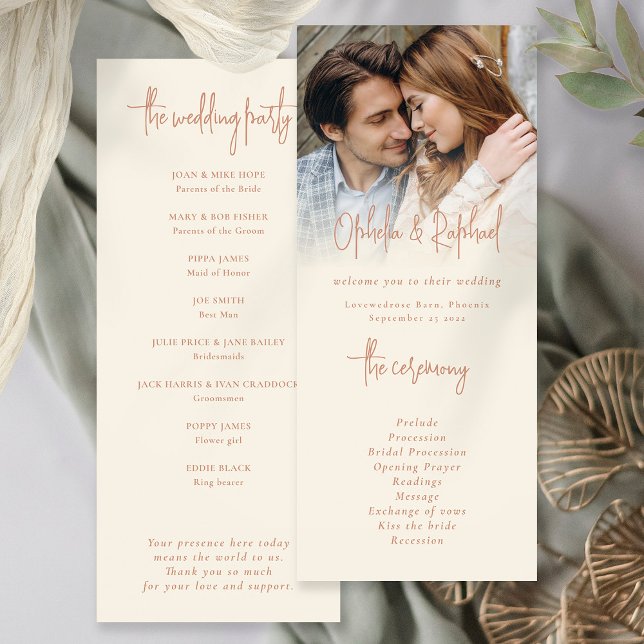 Convite Programa de Casamento Boho - Script Cream Terracot (Front and back view cream terracotta wedding program, either printed or as a digital download)