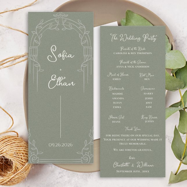 Convite Programa de Casamento Botânico com Arco Ornamentad (Elegant Sage Green Ornate Arch Botanical Wedding Program Card)
