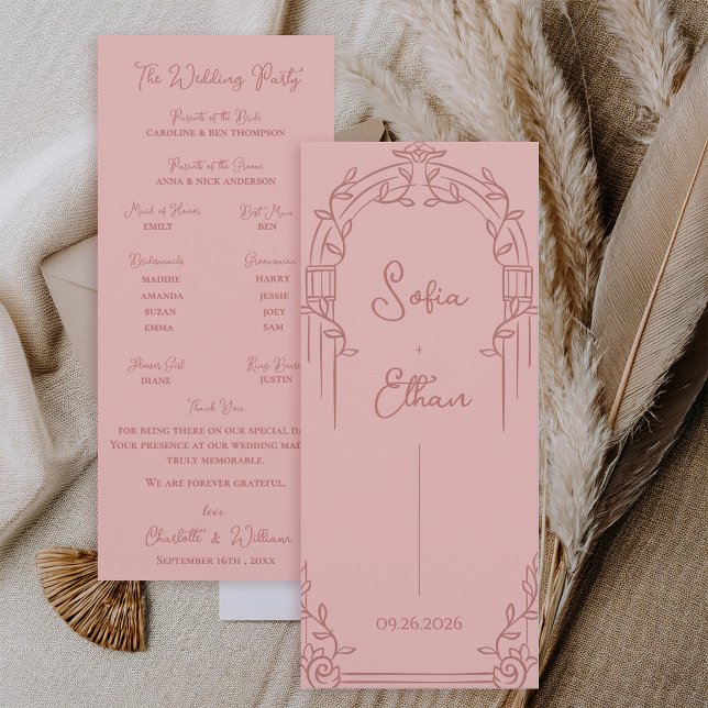 Convite Programa de Casamento Botânico com Arco Ornamentad (Elegant Dusty Rose Ornate Arch Botanical Wedding Program Card)