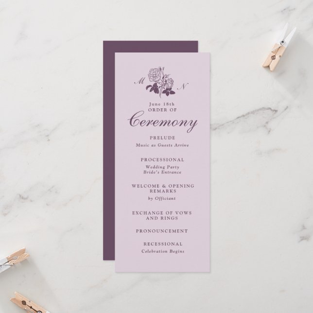 Convite Programa de Casamento Botânico Francês Lilás (Frente/Verso In Situ)