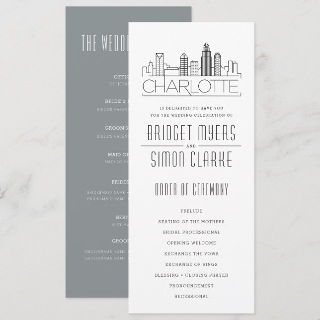 Convite Programa de Casamento Charlotte Stylized Skyline (Frente/Verso)