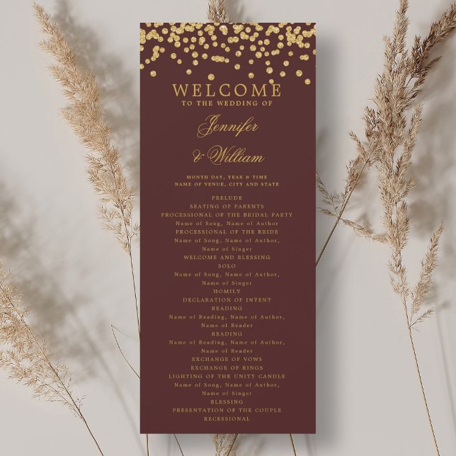 Convite Programa de Casamento Clássico Confetti Dourado Bu (Classic Wedding Program Confetti Gold Burgundy )