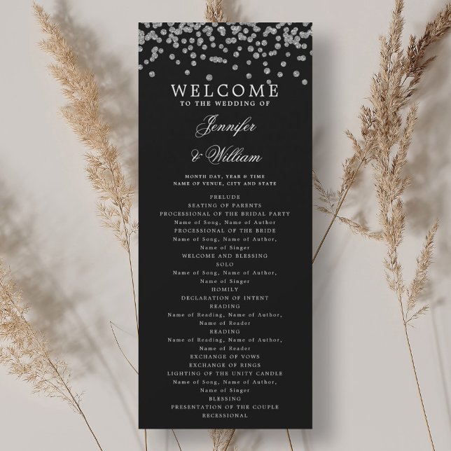 Convite Programa de Casamento Clássico Confetti Silver Bla (Classic Wedding Program Confetti Silver Black)