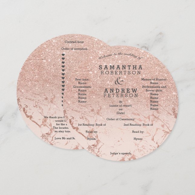 Convite Programa de casamento com brilho de mármore em tom (Frente/Verso)