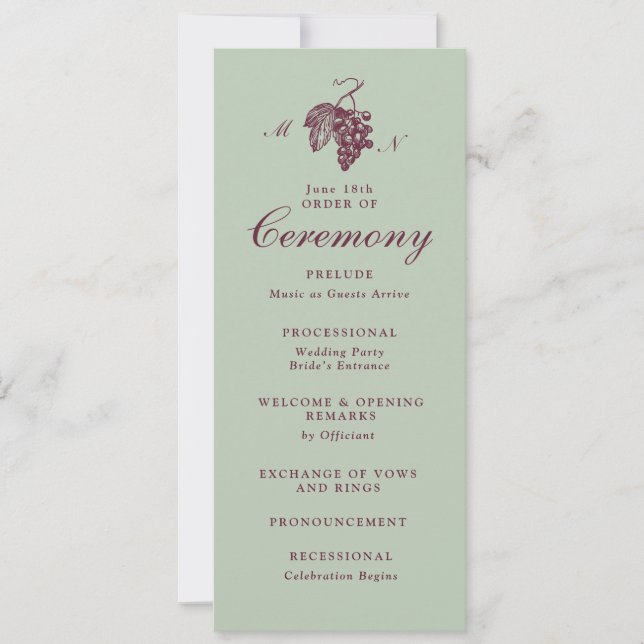 Convite Programa de Casamento com Monograma de Uva em Jade (Frente)