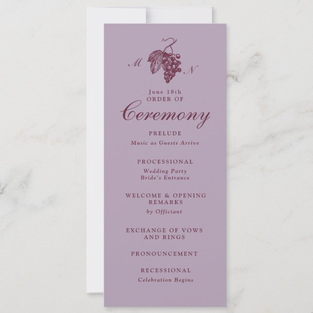 Convite Programa de Casamento com Monograma de Uva Lilás (Frente)