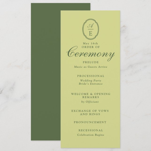 Convite Programa de Casamento com Monograma Verde Primaver (Frente/Verso)