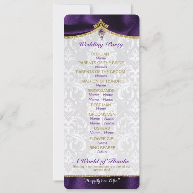 Convite Programa de Casamento de Conto de Fadas Real (Verso)