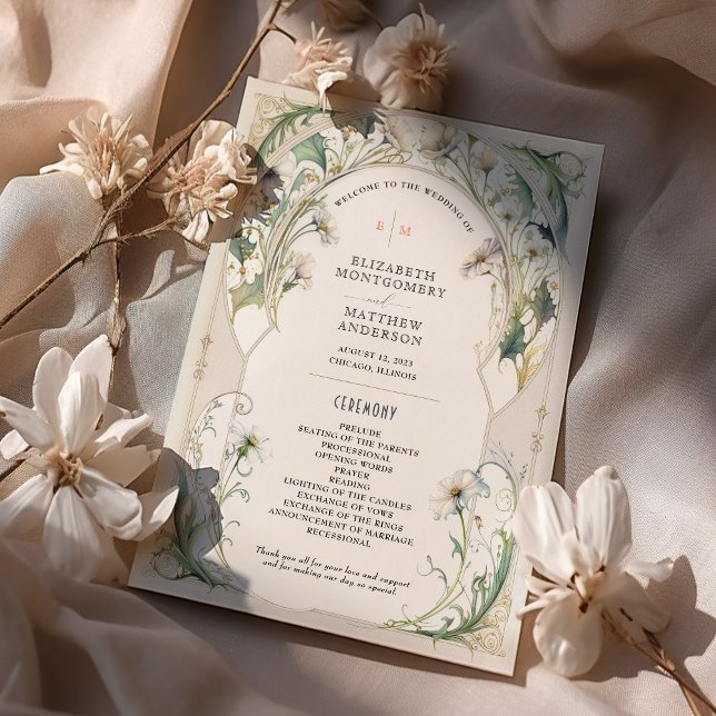 Convite Programa de Casamento de Daisies Art Nouveau Mucha (Criador carregado)