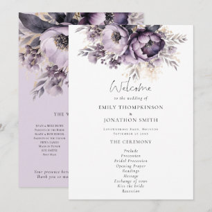 Convite Programa de Casamento de Florais Roxos Modernos