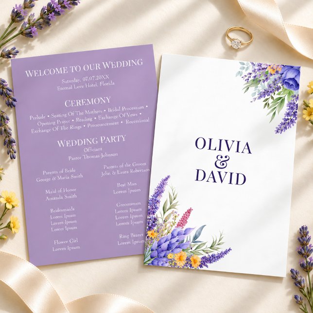 Convite Programa de Casamento de Flores Silvestres Amarelo (Boho Lilac Watercolor Wildflower Wedding Program)