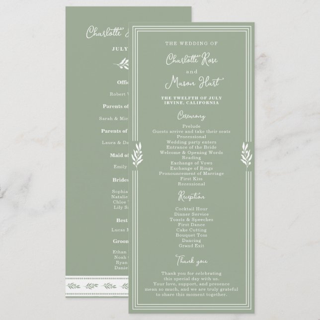 Convite Programa de Casamento de Jardim em Verde Salvia Di (Frente/Verso)