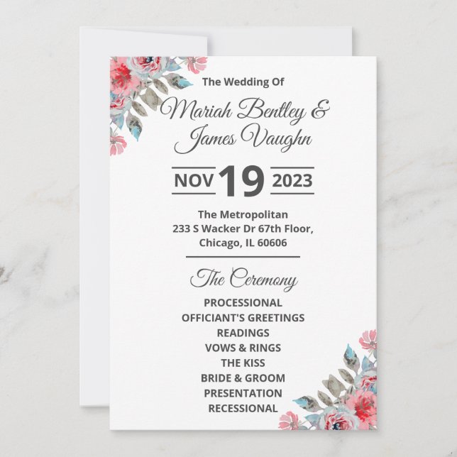 Convite Programa de Casamento de Jardim rosa (Frente)