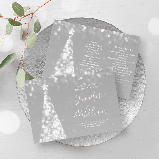 Convite Programa de Casamento de Prata de Árvore Festiva d (Festive Xmas Tree Silver Wedding Program)
