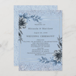 Convite Programa de Casamento de Prata Floral Dusty Blue
