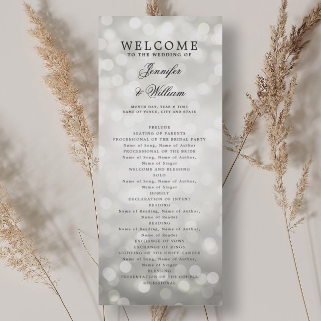 Convite Programa de Casamento de Script Clássico Luzes de  (Classic Script Wedding Program Silver Bokeh Lights)