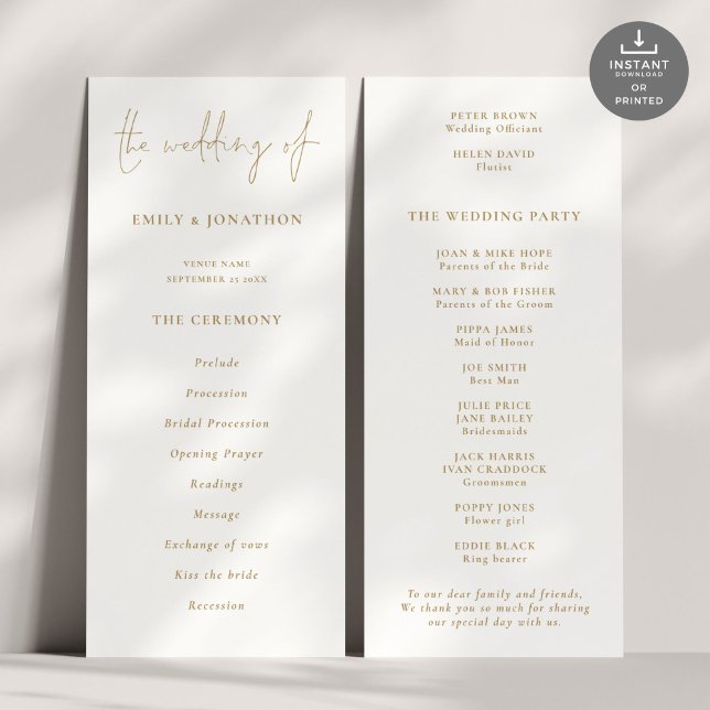 Convite Programa de Casamento de Script Dourado Moderno (Front and back view)