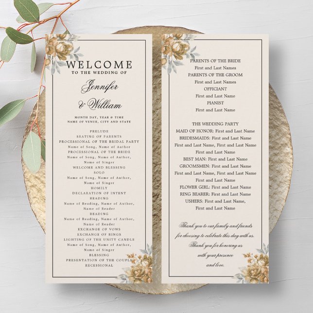 Convite Programa de Casamento Dourado Floral Rústico Natur (Wedding Program Gold Natural Rustic Floral)