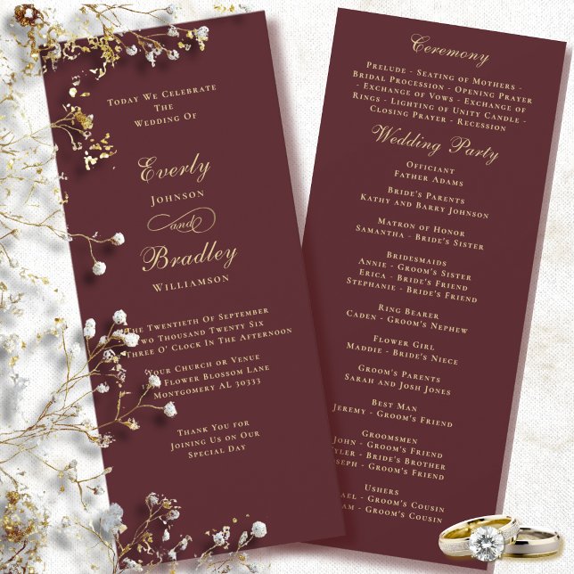 Convite Programa de Casamento Elegante com Fundo Burgundy  (Criador carregado)