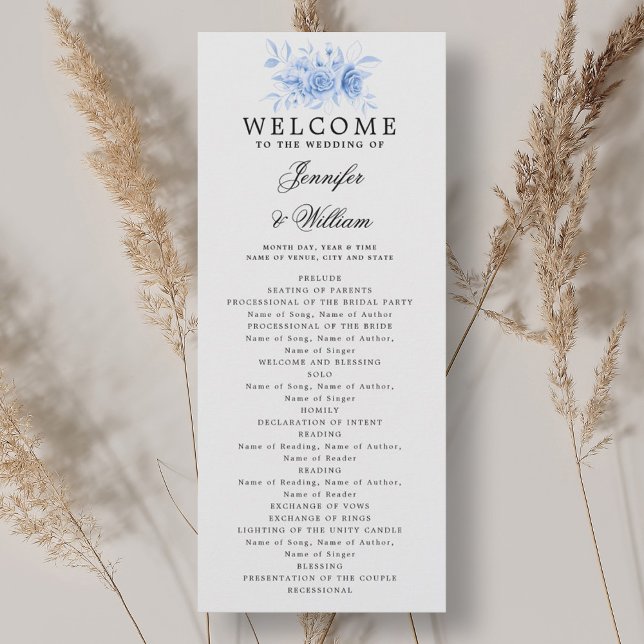 Convite Programa de Casamento Elegante Marinho Blue Floral (Elegant Wedding Program Navy Blue Floral Script )
