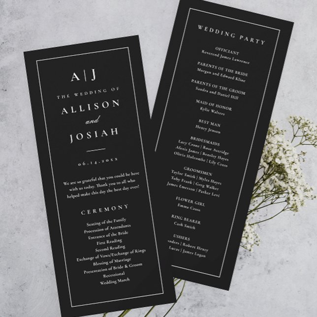 Convite Programa de Casamento Elegante Monograma Preto e B (Elegant and Classic Monogram Black and White Wedding Program.)