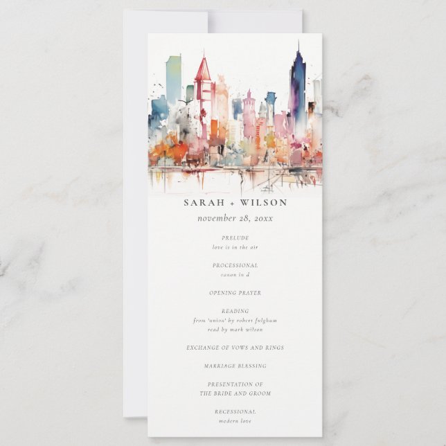 Convite Programa de Casamento em Aquarela de Chicago Illin (Frente)
