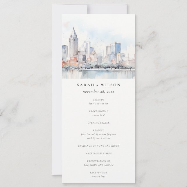 Convite Programa de Casamento em Aquarela de Detroit Michi (Frente)