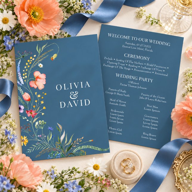 Convite Programa de Casamento em Campo de Flores Silvestre (Dusty Blue Wildflower Meadow Wedding Program)