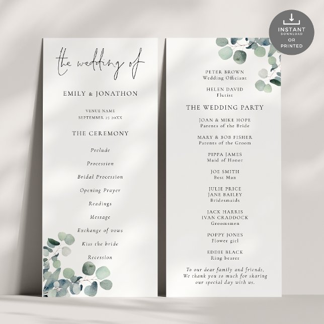 Convite Programa de Casamento Eucalyptus de Script Moderno (Front and back view)