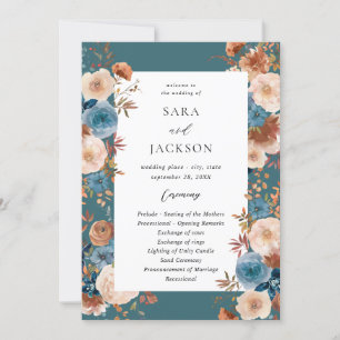 Convite Programa de Casamento Floral Azul Beige & Dusty - 
