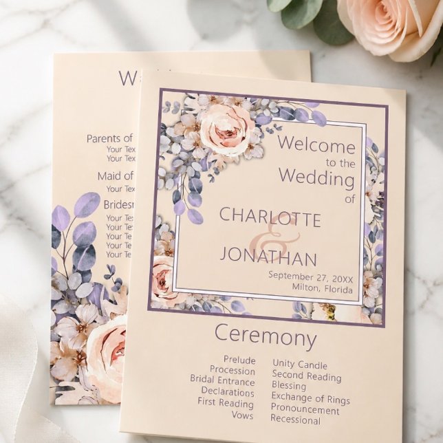 Convite Programa de Casamento Floral Cor de Pêssego (Criador carregado)