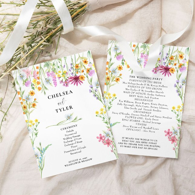 Convite Programa de Casamento Floral de Prado de Flores Si (Order of Service cards from the Wildflower Meadow wedding collection by Darling & May)