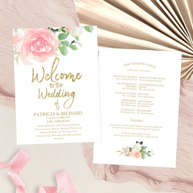 Convite Programa de Casamento Floral de Rosas Bege Rosa Do (Criador carregado)