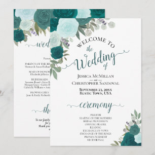 Convite Programa de Casamento Floral Elegante Teal & Aqua