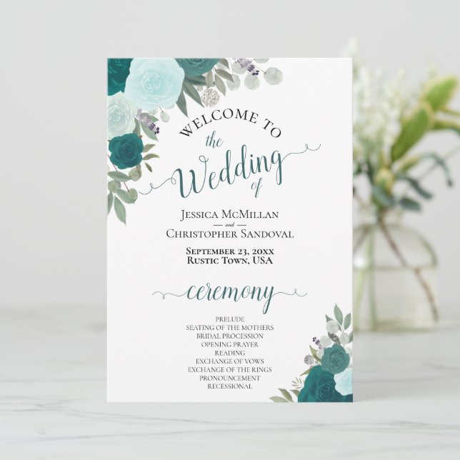 Convite Programa de Casamento Floral Elegante Teal & Aqua  (Em pé/Frente)