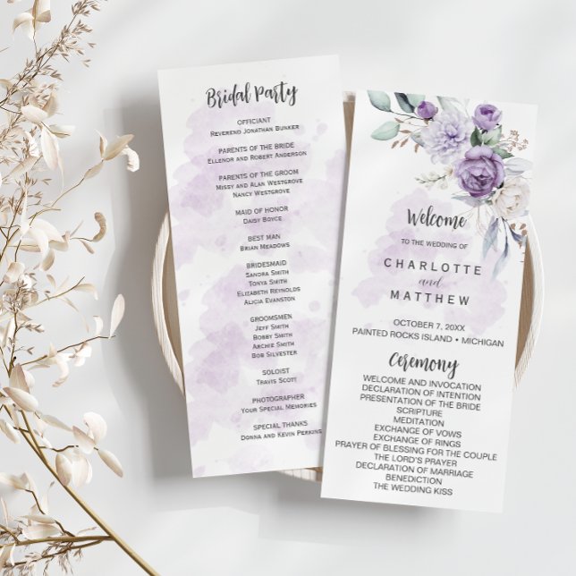 Convite Programa de Casamento Floral Peônias Lavanda Roxa (Criador carregado)