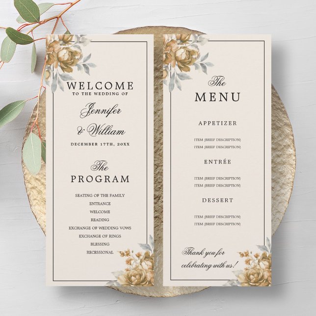 Convite Programa de Casamento Floral Rústico Natural em Ou (Gold Natural Rustic Floral Wedding Program Menu)